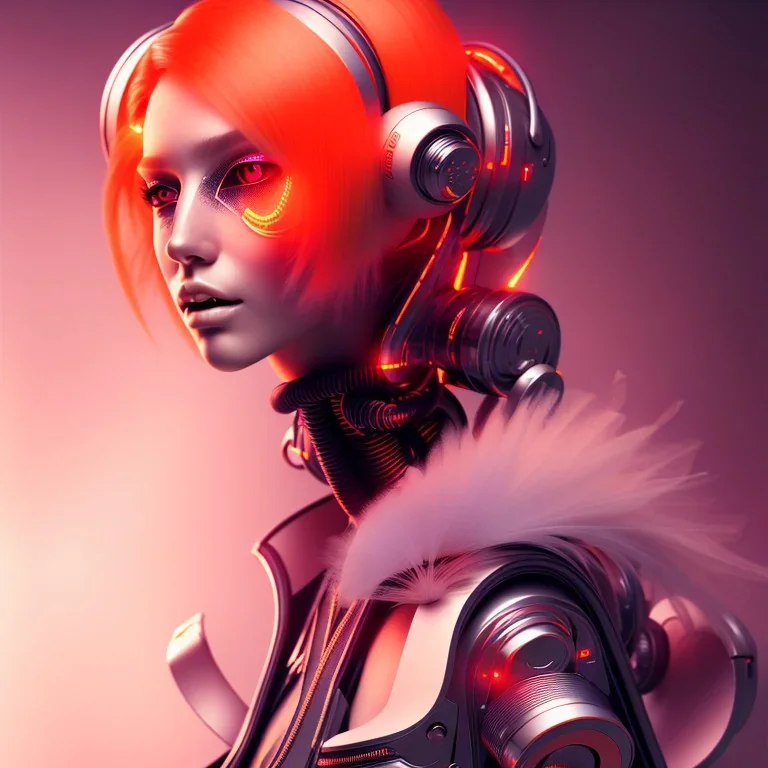 A beautiful portrait of a cute cyberpunk woman orange color scheme, high key lighting, volumetric light high details with white stripes and feathers