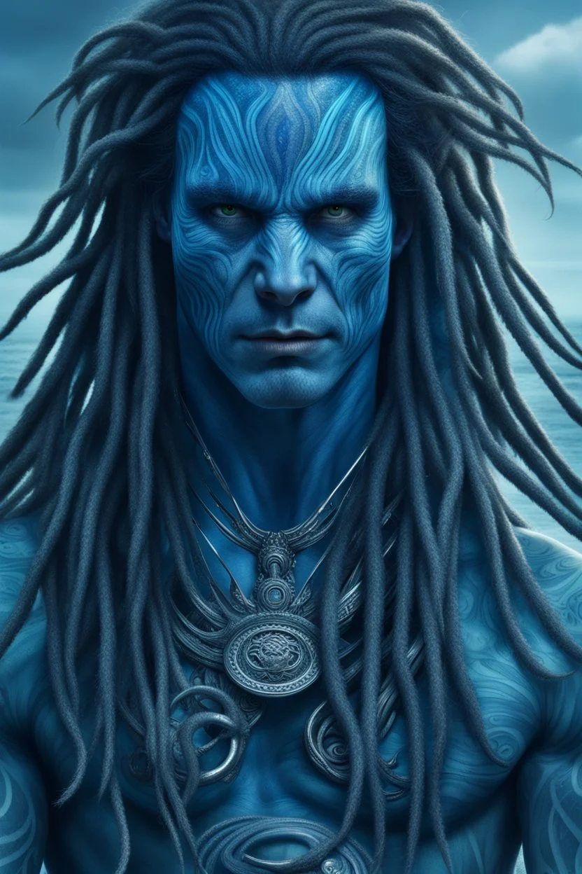 Christian bale as muscular blue skinned alien with long dreadlocks and tribal tattoos and silver whip ocean in the background realistic face, close-up, dark fantasy, smoke in the sky, intricate details, hyper detailed