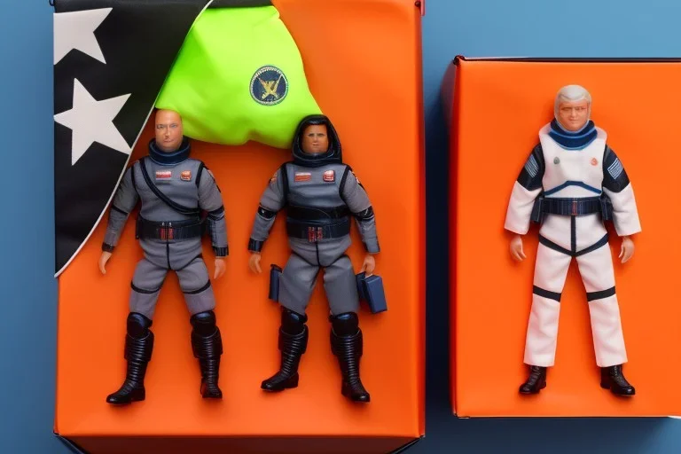 Mike pence G.i. Joe toy doll Space force uniform inside a blister packaging hanging on a Wallrack in toystore, fluorescent orange, Plastic guns, wide angle shot whole body, black moonboots, fullsize, bright green pricetag,