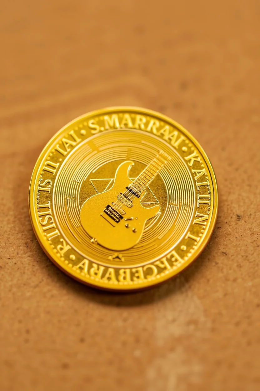 view of word , SAMARRAI , on the edge on a gold coin ,with picture of electric guitar, in the middle of the coin.