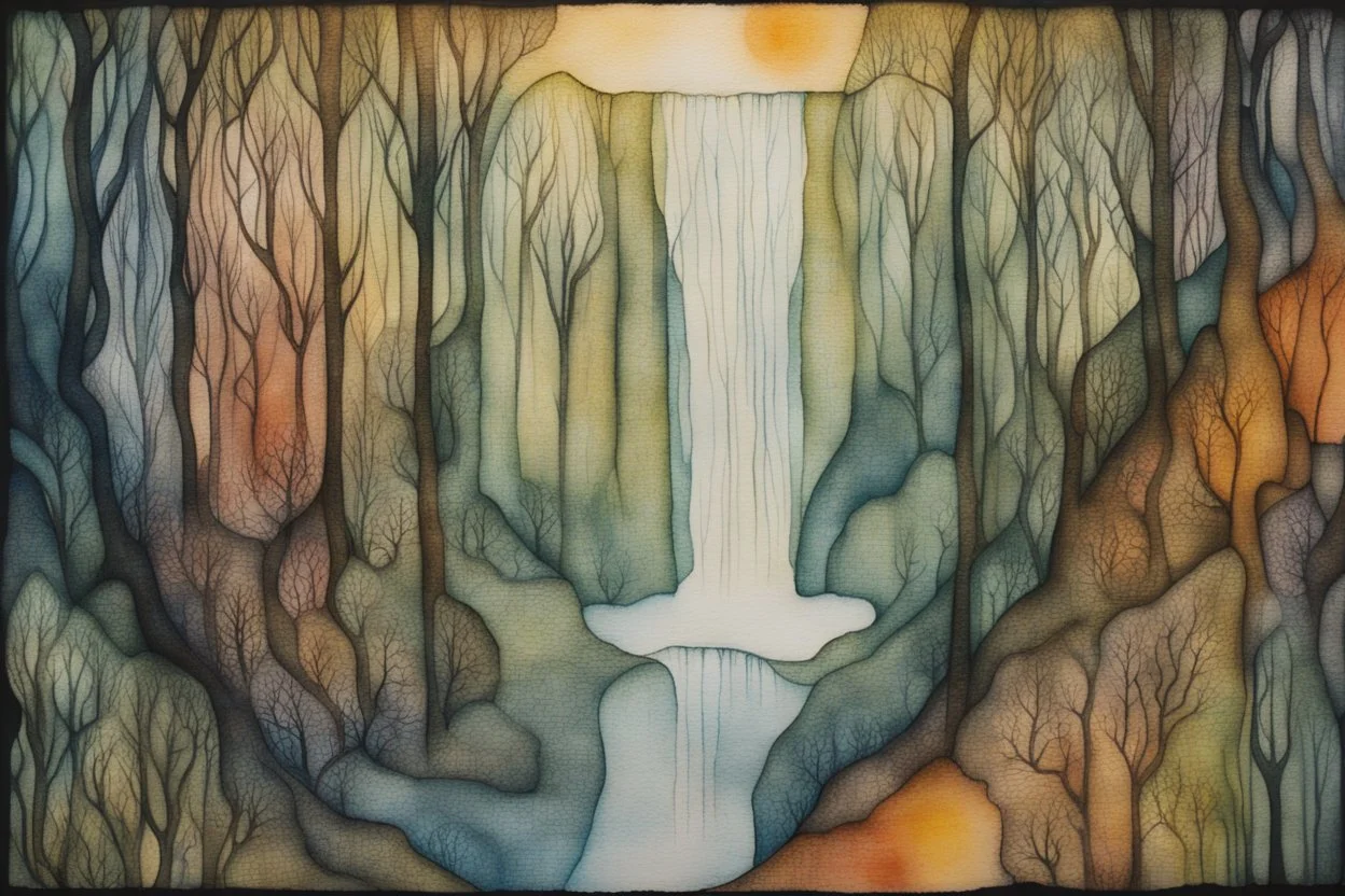 painted and burned burlap, rainforest, flora and fauna, waterfall, styles of Paul Klee Dee Nickerson and Tim Burton, melting watercolor and black ink outlines on wet paper, soft, shading strokes, in sunshine, ethereal, otherwordly, cinematic postprocessing, bokeh, dof