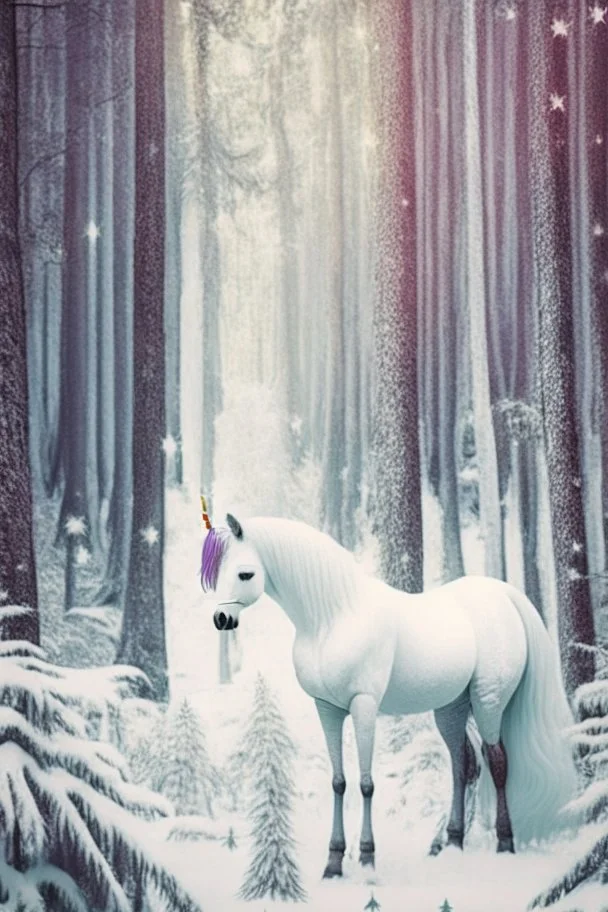 in a cosy vintage style, a unicorn in a white forest