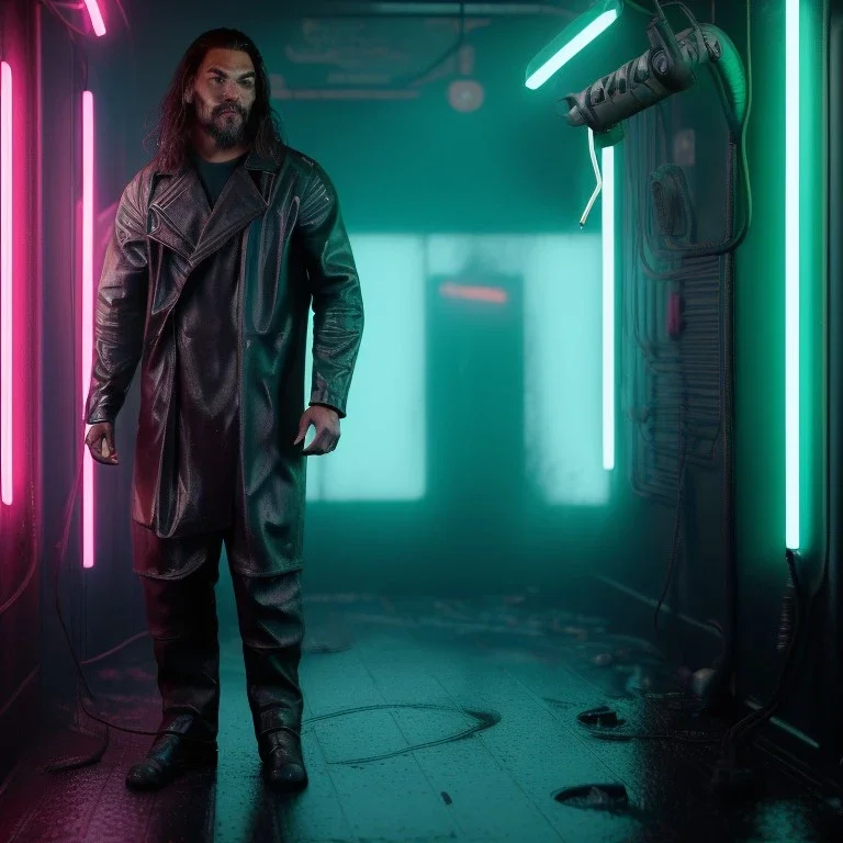 Actor, jason momoa, blade runner style, rain, fog, neon ambient, gradient color, clean skin, circuits, latex coat, cyber punk, neon, tubes, portrait, photo studio, unreal engine 5, smooth color, 16 bit, god lights, ray tracing, RTX, lumen lighting, ultra deatail, volumetric lighting, 3d, finely drawn, hd.