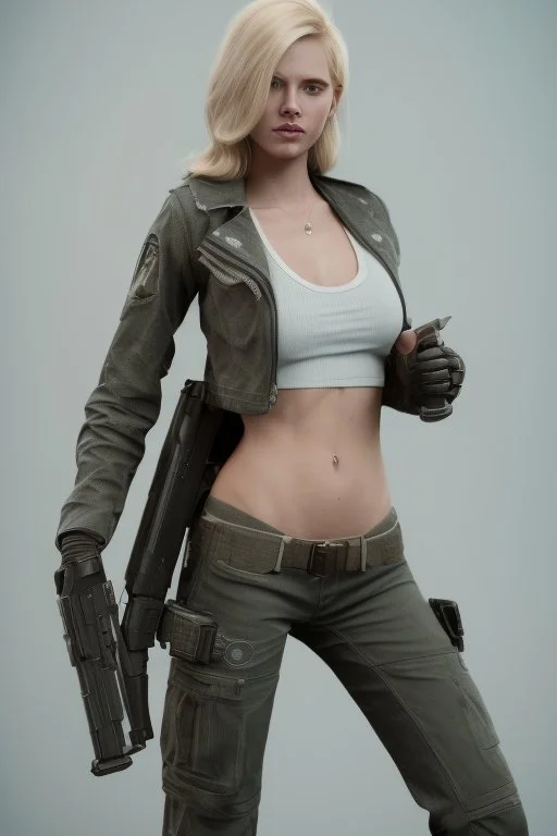 blonde woman with gun, photo realistic, highly detailed, high contrast, extremely sharp detail