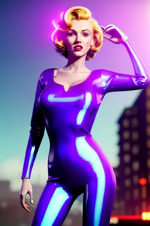 Realistic press image, retro sci-fi, portrait, blonde woman, sweet Marylin Monroe face, perfect iris, glow eyes. tight latex tights suit. Retro Futuristic city, cars flying. epic style, vibrant color, highly detailed, unreal engine 5, ray tracing, RTX, lumen lighting, ultra detail, volumetric lighting, 3d, finely drawn, high definition, high resolution.