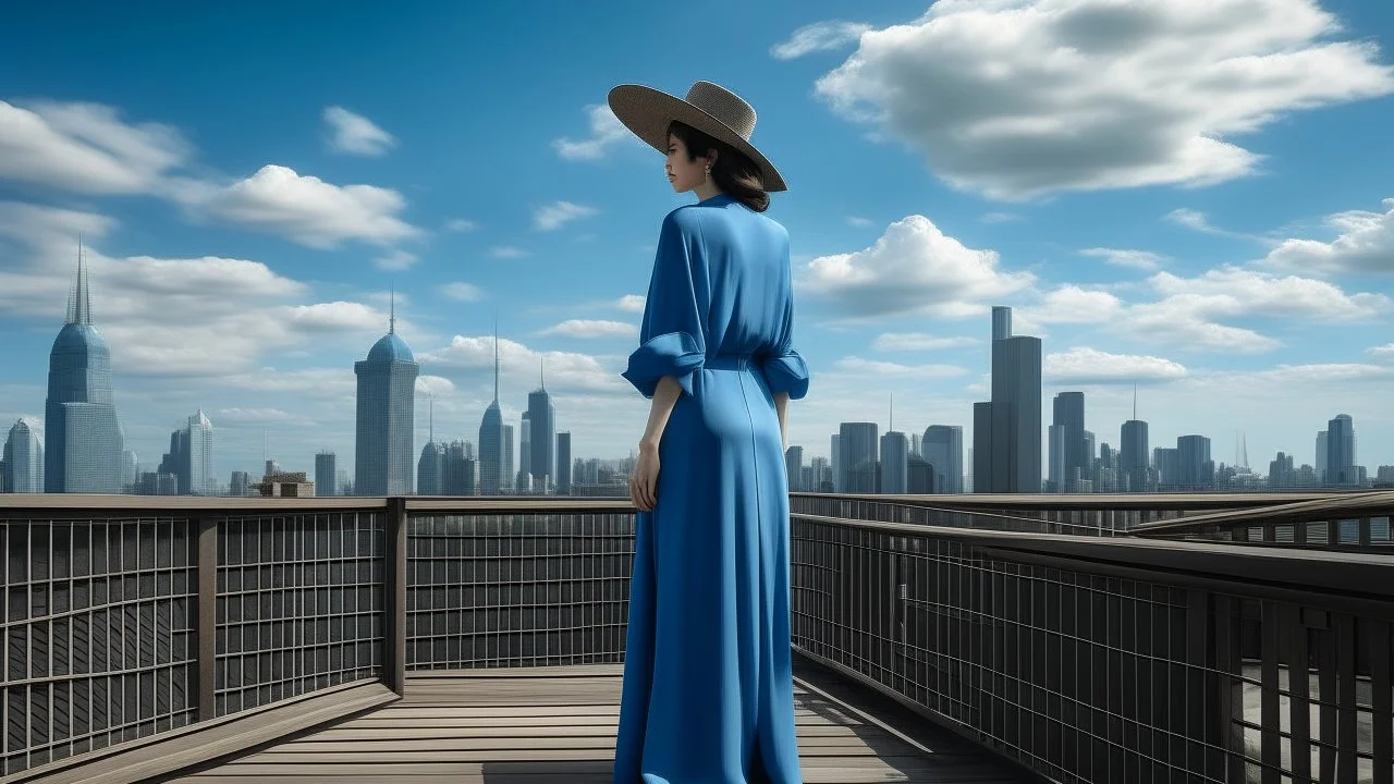 The image of a woman standing on a wooden deck overlooking a city skyline. The woman is wearing a long blue dress and a straw hat, and she is looking out at the city with a contemplative expression on her face. The city skyline is visible in the background, with tall buildings and skyscrapers of various sizes and shapes. The sky is blue with white clouds, and there is a body of water in the foreground. In the center of the image, there are two curved lines that form a wave-like pattern, creating