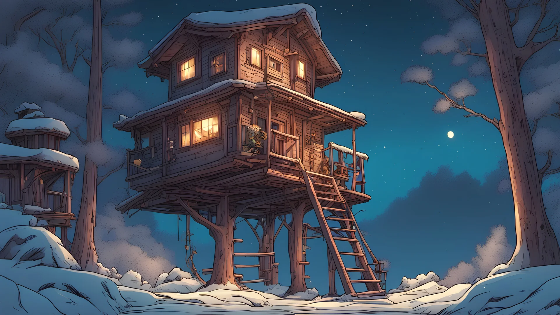 comic style, treehouse in the jungle, under the snow, with kodamas, at night, 4k, very detailed, colorful