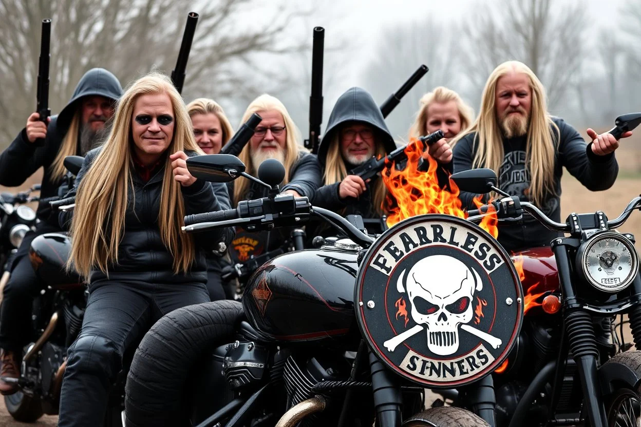 a very hard and tuff motorcycle young gang with long blond Sweden viking hair, not old, posing with their Harley Davidsson bikes, some of them holding guns and shotguns, a logo sign with Falköpings HD Club, "Fearless sinners" Skulls and bones, skeletons and fire, Sweden vikings DEMONS