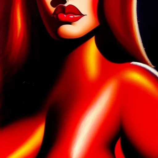 portrait oil on canvas, beautiful busty Jessica Rabbit , intense stare,minimal skintight RED latex dress, realistic, intricate detail , masterpiece, volumetric lighting, Sharp Contrast, highly detailed ,cinematic , deep colours , 8k, in the style of Robert E Howard and pablo oliveira and Adam Hughes