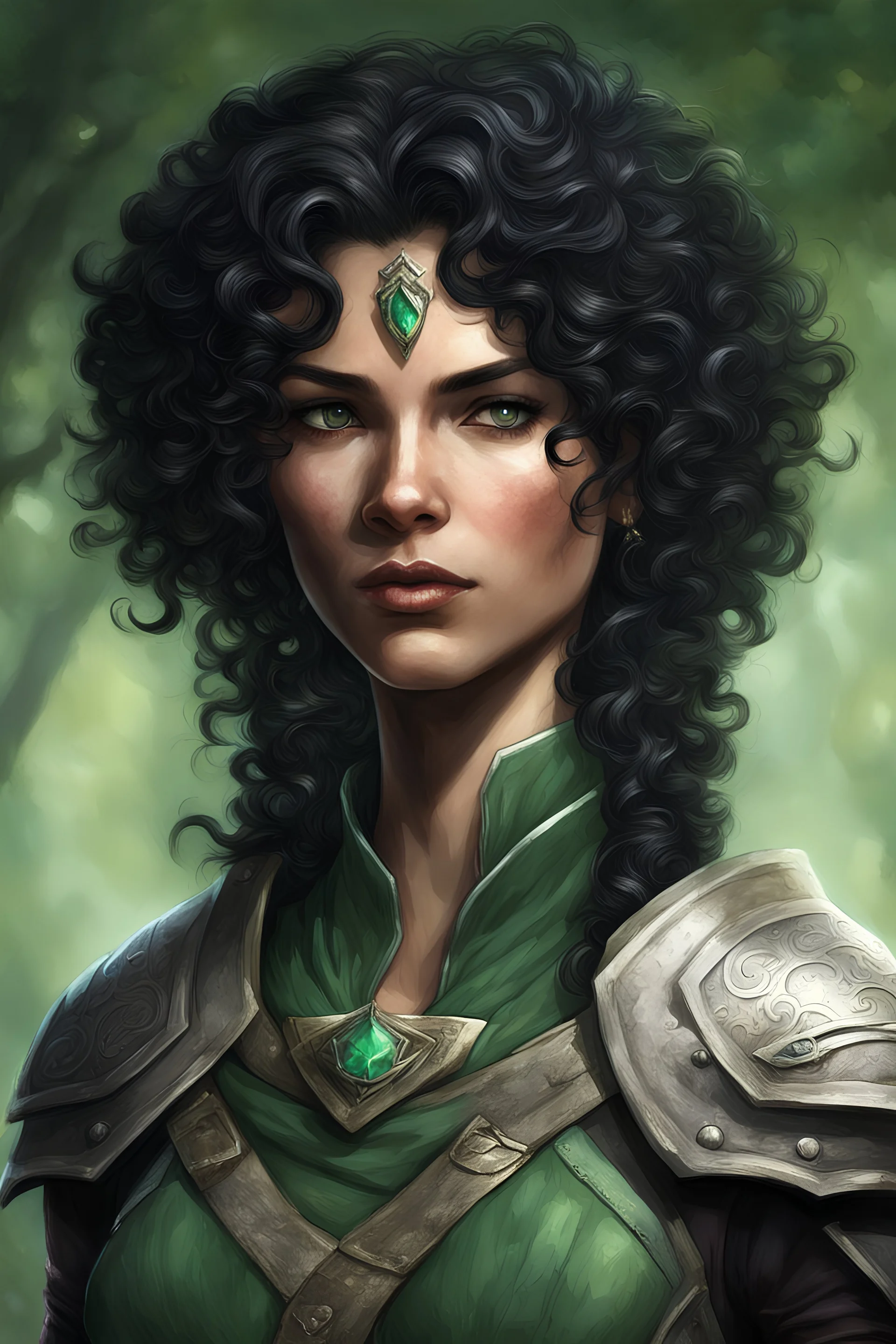 Female big middle aged curly black hair human Ranger. “Once I choose my prey, I never lose the trail or miss my mark. The hunt is all.” You are a member of the Emerald Enclave, a group dedicated to maintaining the delicate balance between nature and civilization. You know better than to ascribe qualities such as mercy or bounty to the forests of your youth. There are a thousand ways to die in the wilderness, and you have survived through muscle, wits, and will.