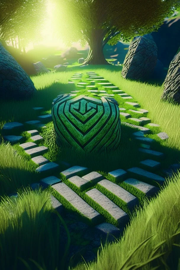 brilliant raytraced stone labyrinth with green grass, 4k, nvidia graphics, volumetric light, depth of field, autumn, trending art, fantasy art, knight