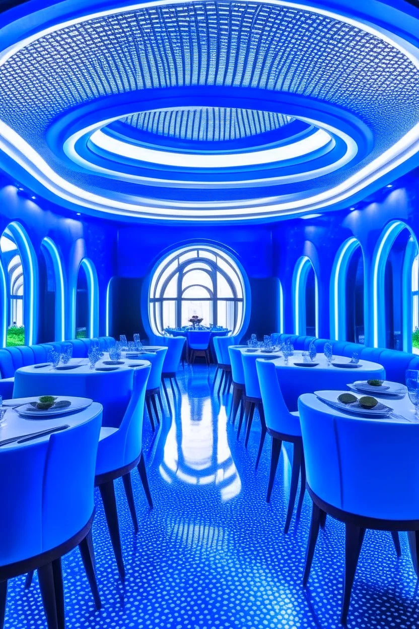 A restaurant with the outer shape of the walls in blue and a white floor, and it contains one table in the middle of the restaurant, and the walls are oval in shape, containing 30 chairs, and the walls are made of glass