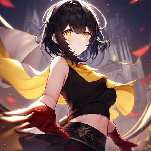 Clear focus,High resolution, Black short fluffy hair, and yellow eyes, wearing a black short skirt, sleeveless crop top, wearing long dark red gloves, yellow cloak