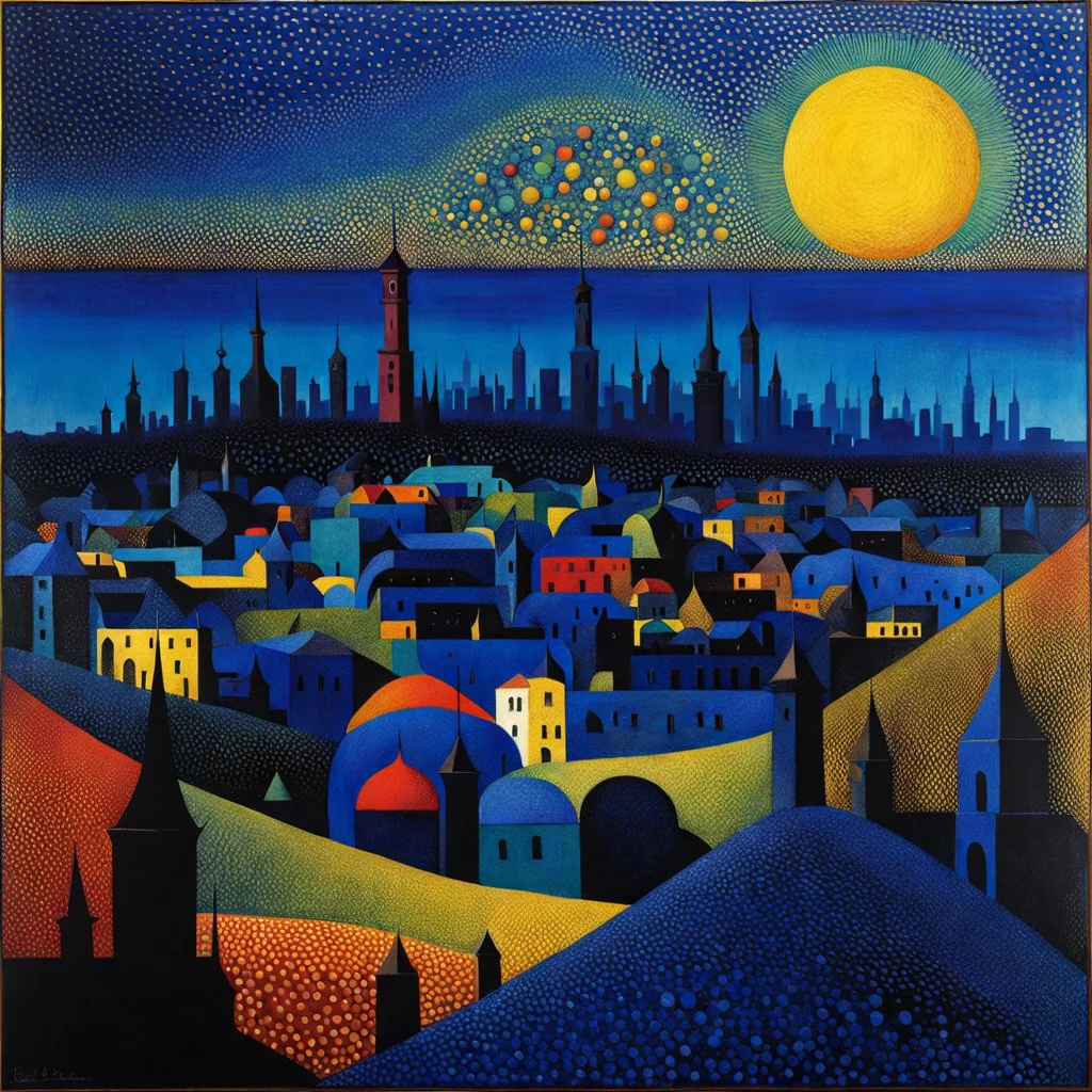 City with many colors, solchi e rilievi, dark blue decal pointillism Max Ernst