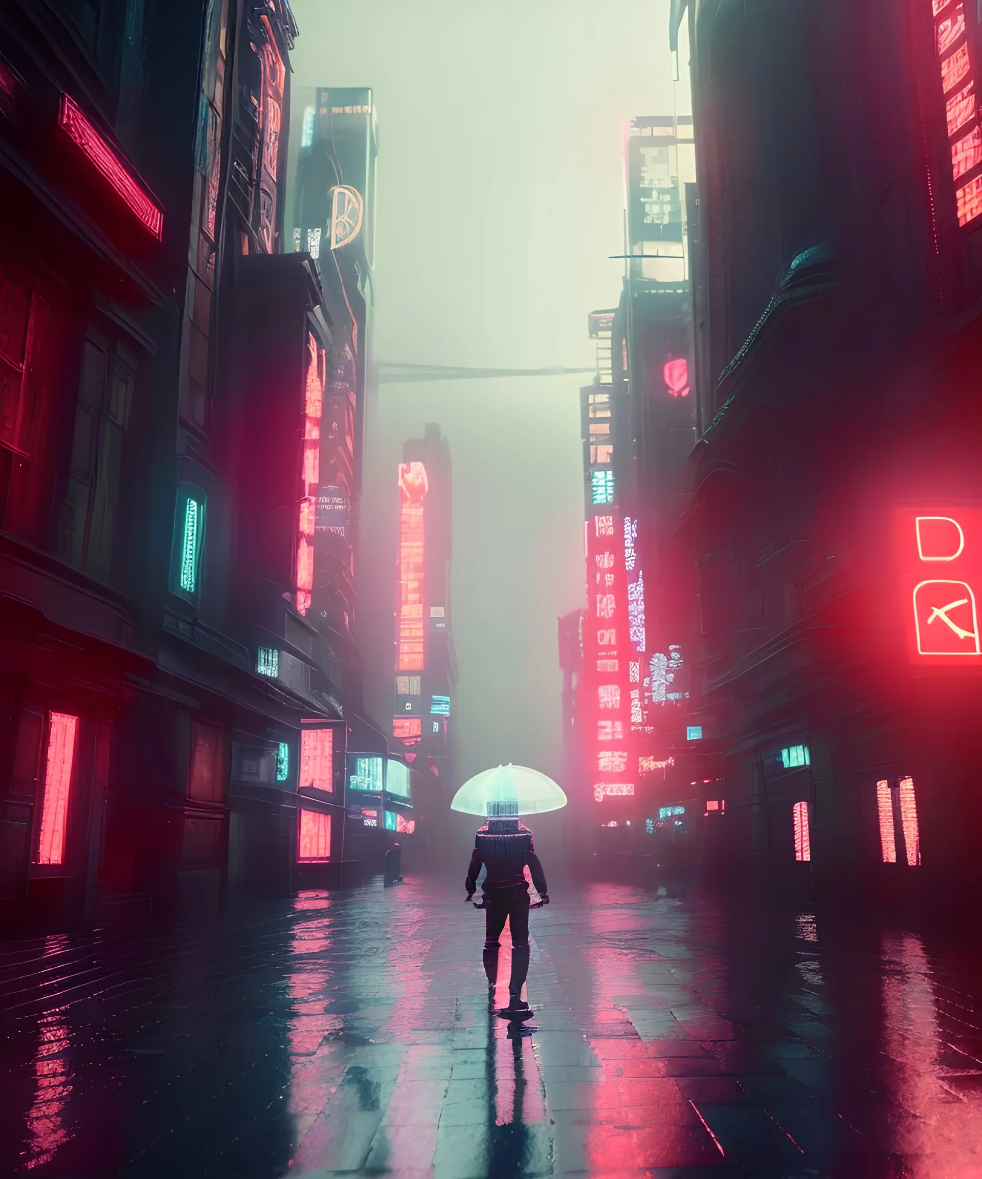 3D, beautiful, light reflecting, empty city at night, rainy night, neon, cyberpunk, person with helmet walking