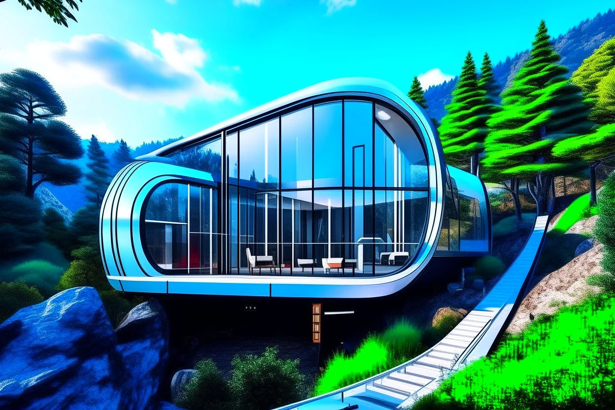 Photo of a futuristic cabin with a building shape inspired by the infinity symbol in plan and the x cross in elevation. Glass facades are interspersed between the curved walls, which become steps to climb to the roof, where there is a terrace. There is a driveway with a luxury jeep parked that is on the same elevation plane as the roof, with a path leading down to the building on the side of the hill. It has a biomimetic design, carbon neutral and zero energy. There are hikers in the distance an