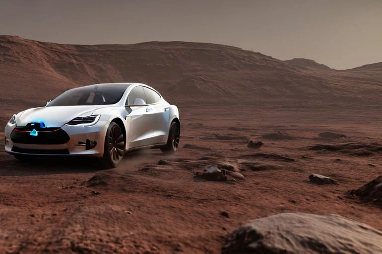 A Tesla 'Model S' is parked, at the Cydonia region on Mars. (CINEMATIC, WIDE ANGLE LENS, PHOTO REAL)