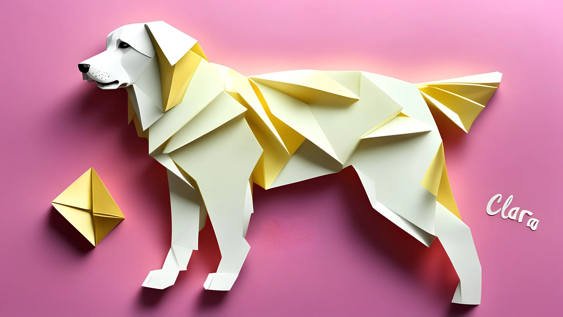 immagine realizzata con la tecnica origami in carta colorata di un cane golden retriever color bianco, a piè di pagina la scritta "CLARA" in bella calligrafia a colori in rilievo , 3d octane render