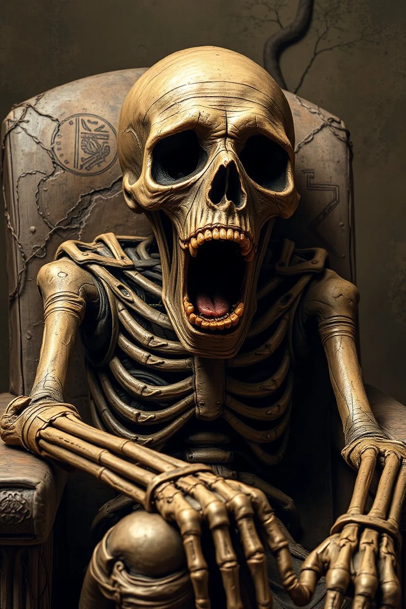 a decrepit mummy leaned over in a chair, mouth open