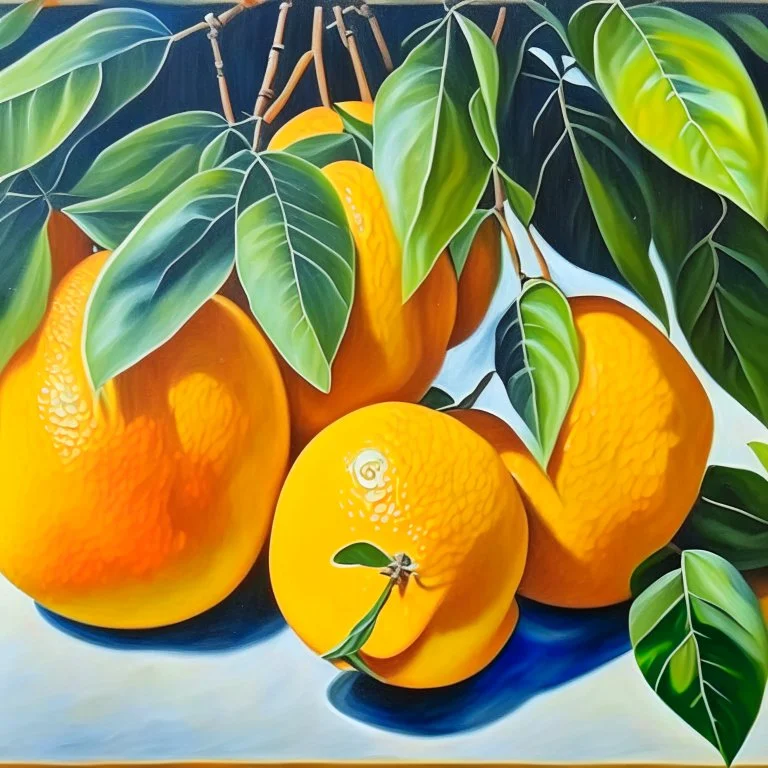 painting of citrus fruits, with leafs oranges realistic, acrylic paint