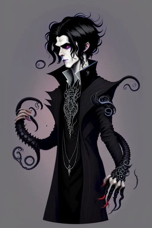 black haired young man necromancer wizard with gothic jewelry and tentacle fingers in the style of H. R. Geiger