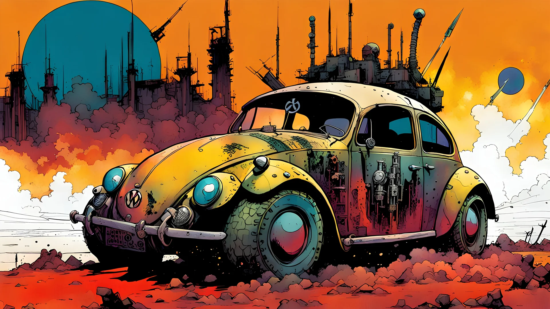 create an abstract, powerful, stripped down, armored, post apocalyptic Volkwagen beetle hot rod with highly detailed features, lost in a horrific industrial wasteland, in the comic book art style of Bill Sienkiewicz, Mike Mignola, and Jean Giraud Moebius , searing lines , forceful strokes, precisely drawn, inked, and colored