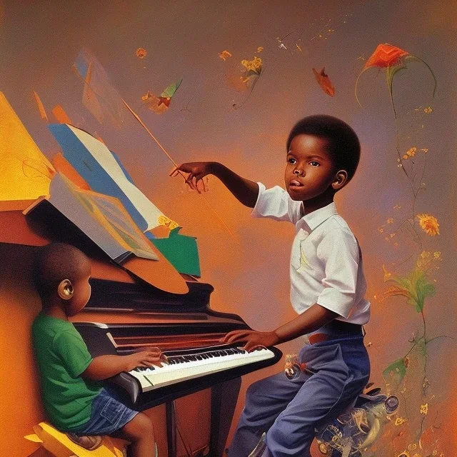 African American baby boy musician with piano modern art