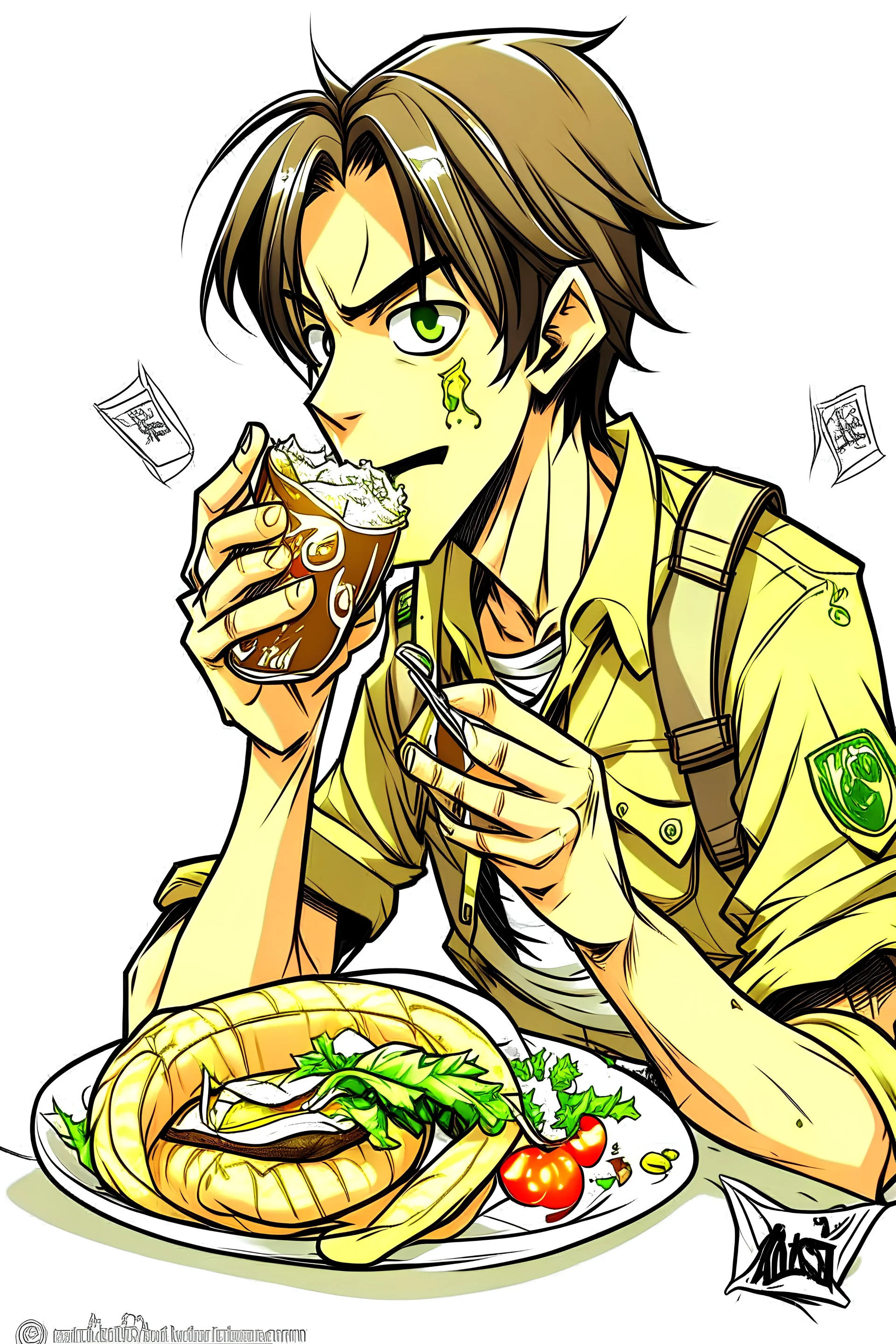 Cartoon sketch of Eren Yeager eating tacos and drinking soda.