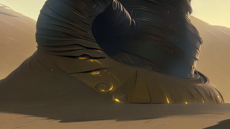 a yellow car parked in front of dune giant sandworm, concept art