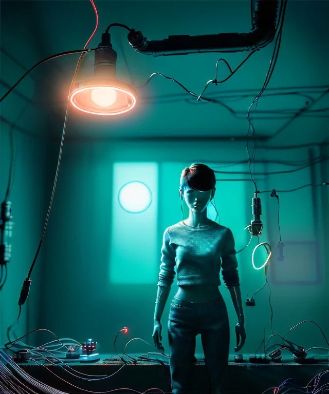 Ultra realistic photographic night portrait, cinematic, <Asian woman> <hanging wires> <retro monitor> many wires coming out of the head <perfect pupil> <cyborg arm> <garage> <wide angle Shot> <sci-fi futuristic> <thriller>, neon lights, color fog, soft color, highly detailed, unreal engine 5, ray tracing, RTX, lumen lighting, ultra detail, volumetric lighting, high definition.