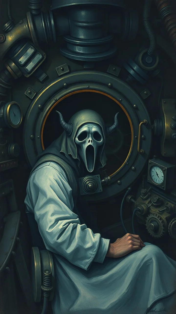 Man spends a sleepless night inside a dark submarine , paint it in the baroque style, as if the man is horrified, with complicated dashboards with many gears . A ghost face on the window