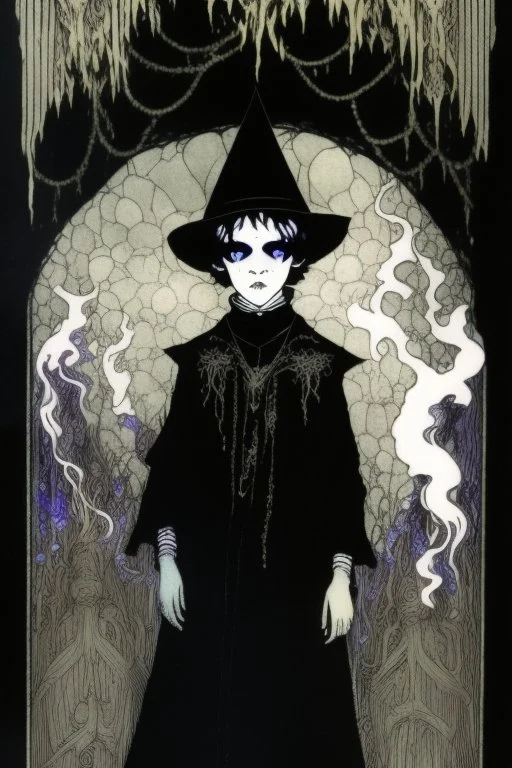 7 year old boy, necromancer, friendly, looks dead, surrounded by weird smoke with eyes, wearing black robes, in the style of Harry Clarke