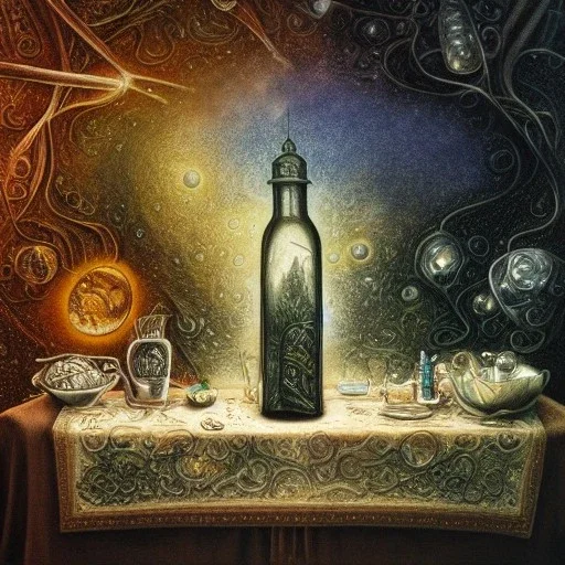 high-quality, fine-detail universe in a bottle on a tablecloth, melted crayon drawing, artwork, 8k, intricate, detailed, illustration, brian froud, howard lyon, george grie, ben goossens, anna dittman, jeffrey robert, don marco