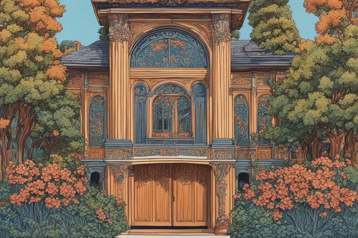 museum quality color woodcut of a fanciful 1920's French country villa with ornate art nouveau appointments and doors in the style of Gustave Baumann, with a fine art aesthetic, highly detailed, finely cut ,8k render,
