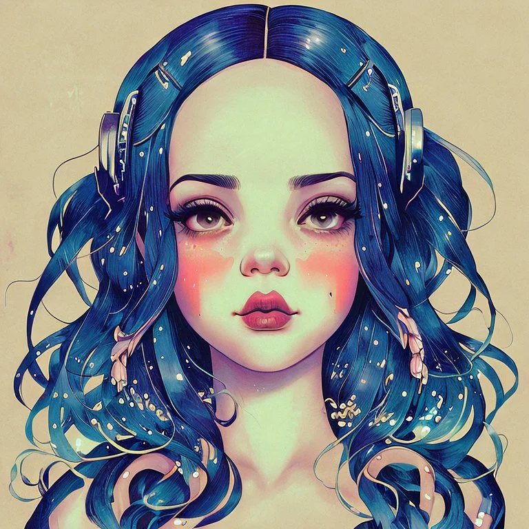 singer Melanie Martinez face, beautiful cyberpunk huge girl, hyperdetailed, illustration by Katsushika Hokusai, darkblue tones,