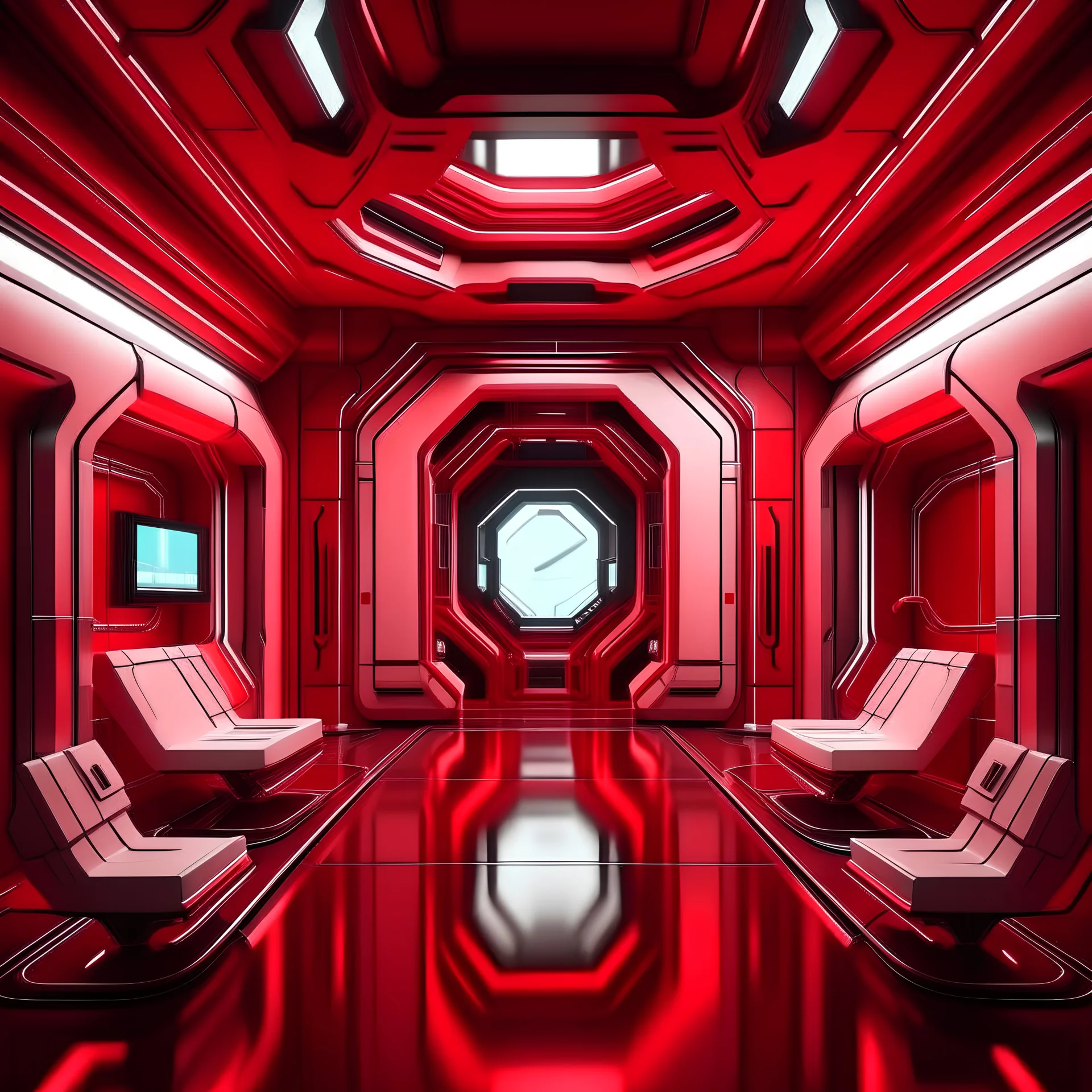 Cartoon futuristic dark red, red, and white space base interior