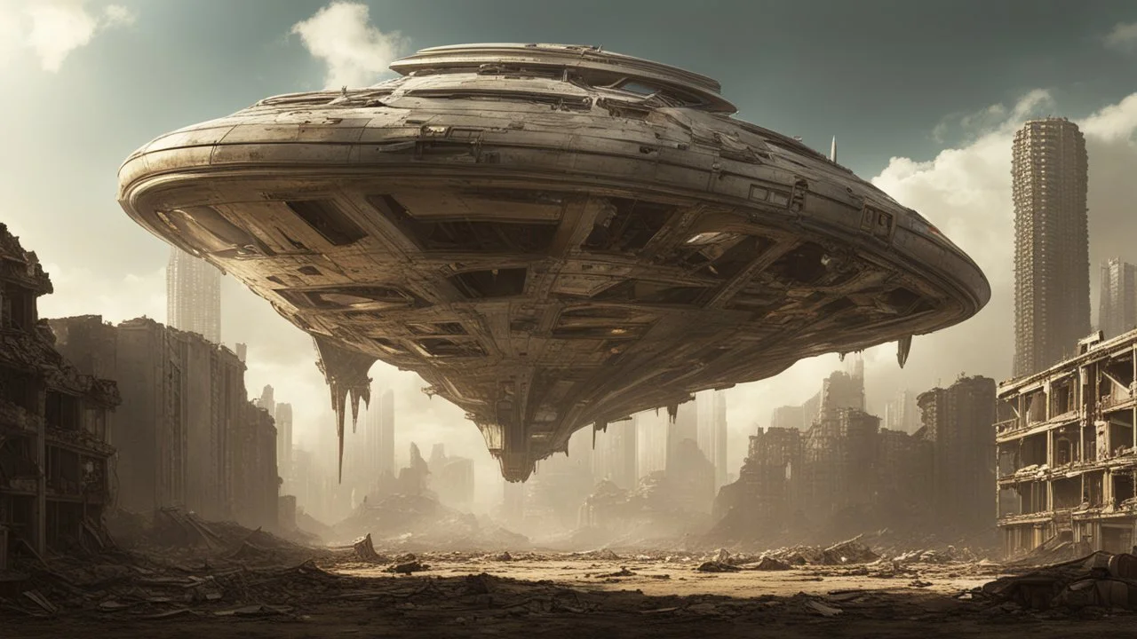 A small, wide, squat, sleek Spaceship in a ruined alien city, surrounded by tall damaged buildings, clear sky, small white clouds, photorealistic