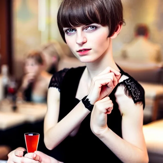 Russian boyish boylike female figure short man's haircut boyish face boyish features in black girlish lacy cocktail dress earrings in restaurant