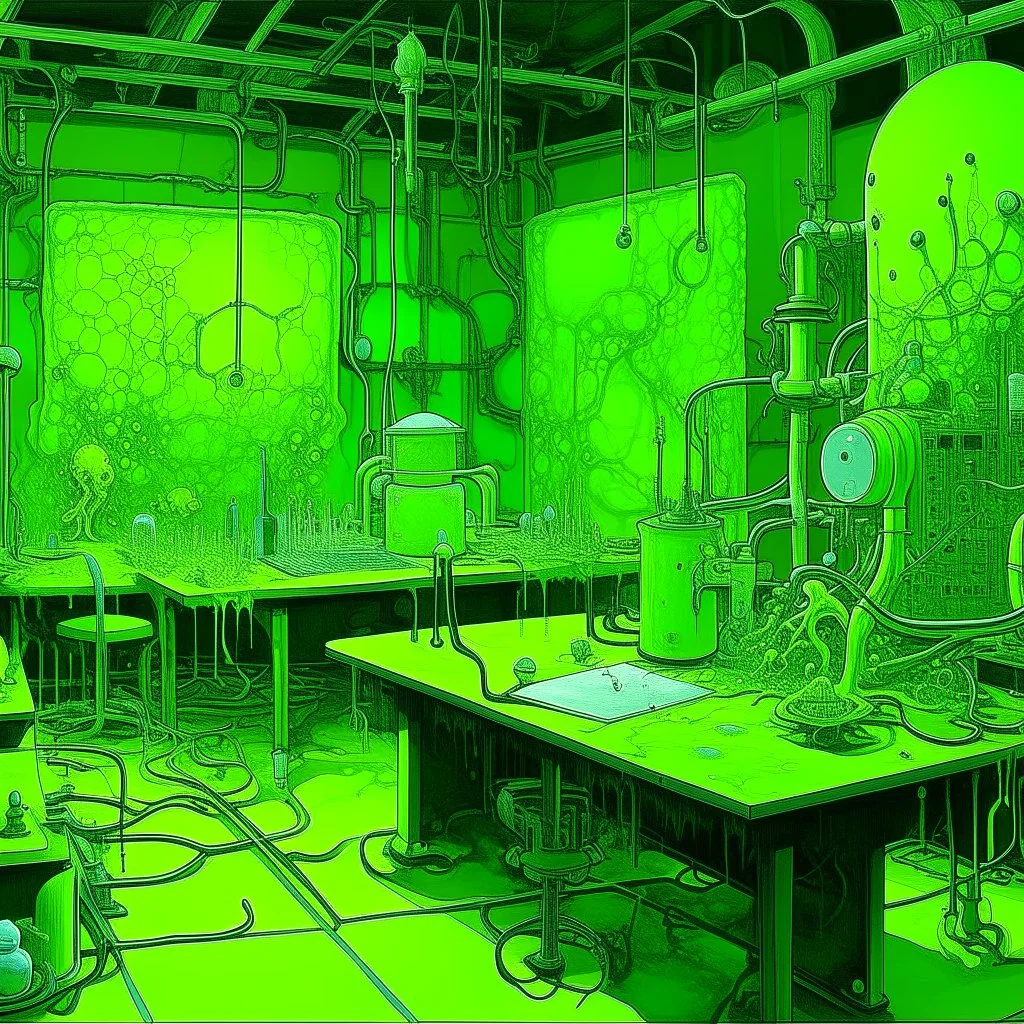 A lime green cybernetic laboratory with slimy bugs painted by Vincent van Gogh