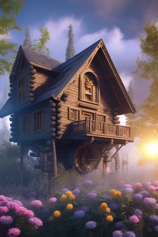 hyper detail, hyper realism, 4k, high quality, small wooden cabin, purple blue yellow silver teal black olive azure, red, pink, brown, flowers, steampunk, cinematic lighting