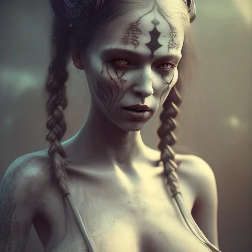 a cute girl looking like a pirate with a tattoo in her face, hr giger, steam punk, scary, horror, realistic, made in octane, cinematic, ultra-realistic, extremely detailed octane rendering, 8K, VRAY Super Real ar 2:3, dof photorealistic futuristic 50mm lens hard lighting dark gray tintype photograph, realistic lighting, sephia colors