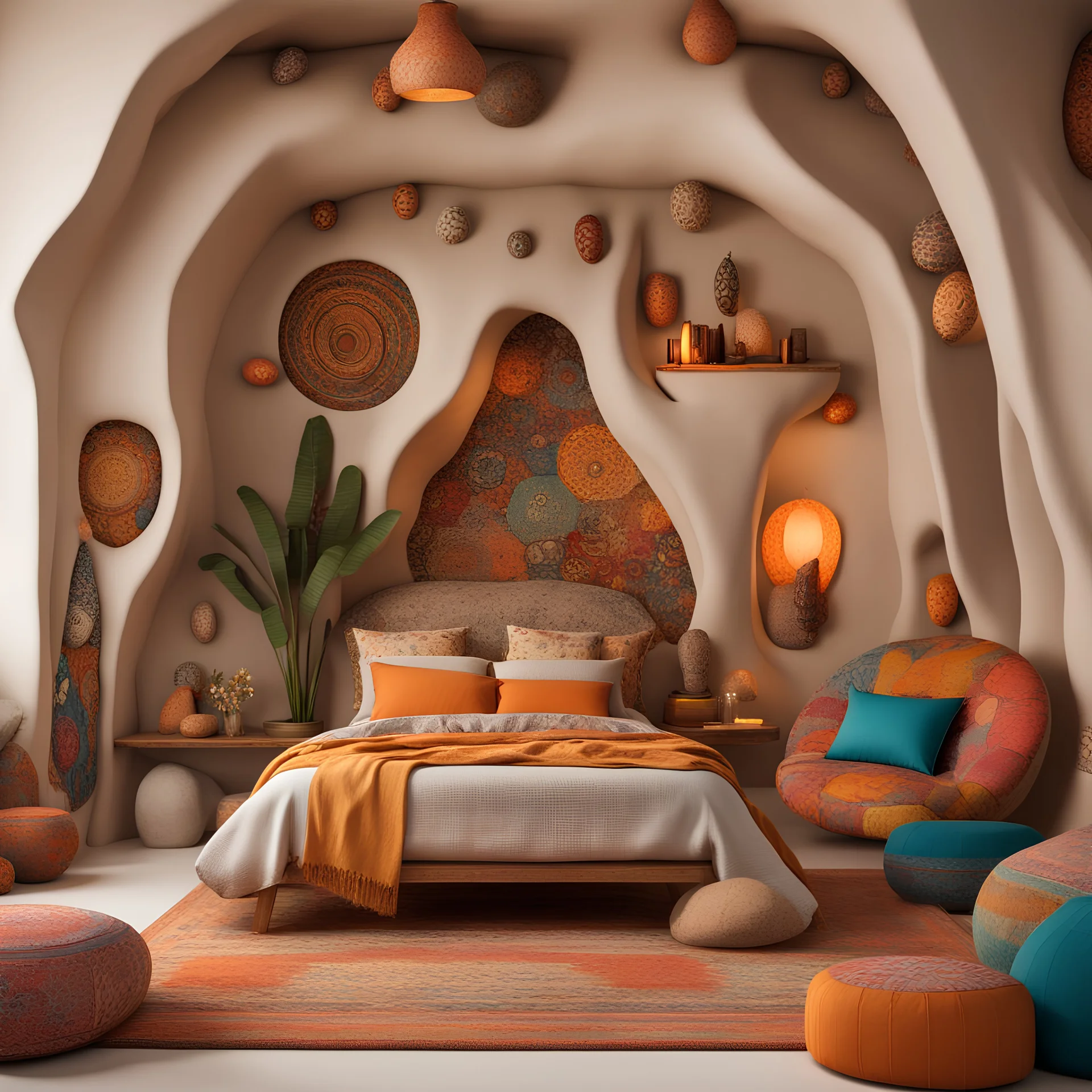 A whimsical and vibrant Nubian-style rustic bedroom featuring white cave rocks as decor. The room showcases colorful artistic Nubian furniture, intricate patterns, and designs under warm lighting. Cozy seating arrangements invite you in, creating a visually stunning and culturally rich aesthetic. With a playful and eclectic atmosphere, mixing textures and colors, the room exudes an epic realism in cinematic 8K quality.