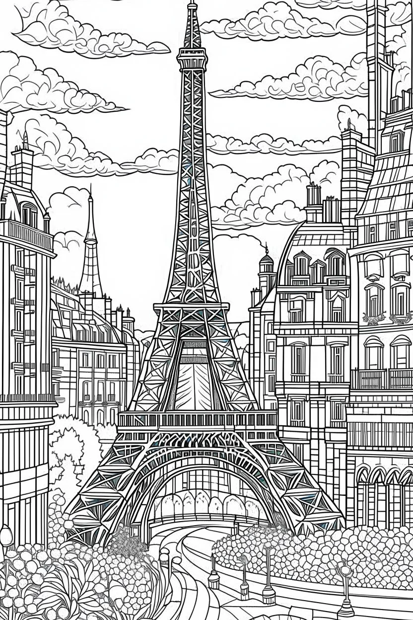 Include illustrations of iconic structures such as the Eiffel Tower,These landmarks are recognized worldwide and offer a sense of grandeur.various architectural landmarks and cityscapes, coloring book page, simple and clean line art, adult drawing book, black and white, crisp black lines, no shades, sharp lines, coloring book for adults, cartoon style, landscape