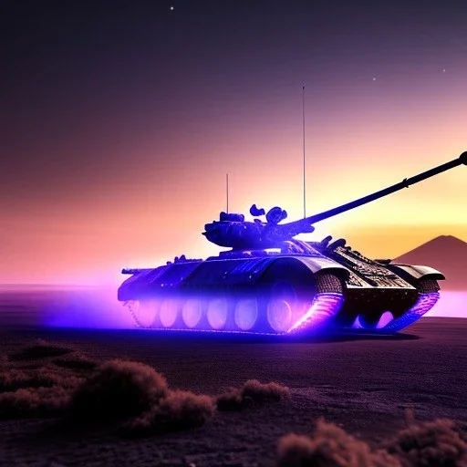 Alien armored tank rolling over a crater, purple sky