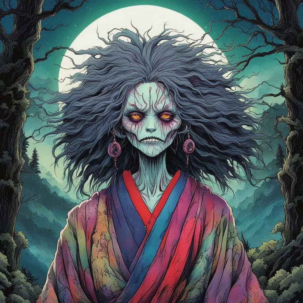 full color front facing portrait of a malevolent Yama Uba witch in a ragged kimono with highly detailed shaggy hair and slim, withered narrow facial features, in a haunted mountain forest, pierced by shafts of moonlight , art in the style of Alex Pardee, spirited away, studio ghibli, , 8k , finely detailed and precise line work, soft natural Spring colors