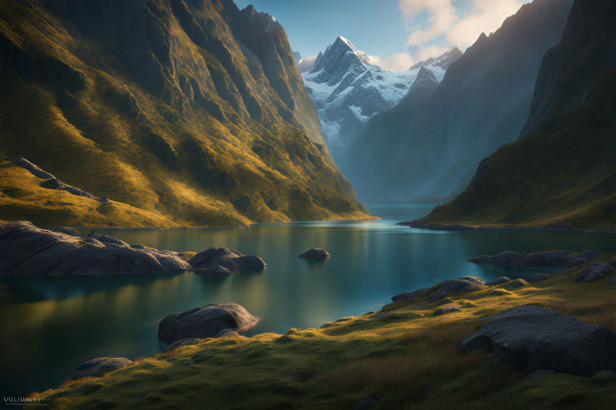 A fjord through immense mountains. fantasy concept art, exquisite realism, a masterpiece, dynamic lighting, hyper detailed, intricately detailed, deep color, Unreal Engine, volumetric lighting , Epic cinematic brilliant stunning intricate meticulously detailed dramatic atmospheric maximal,