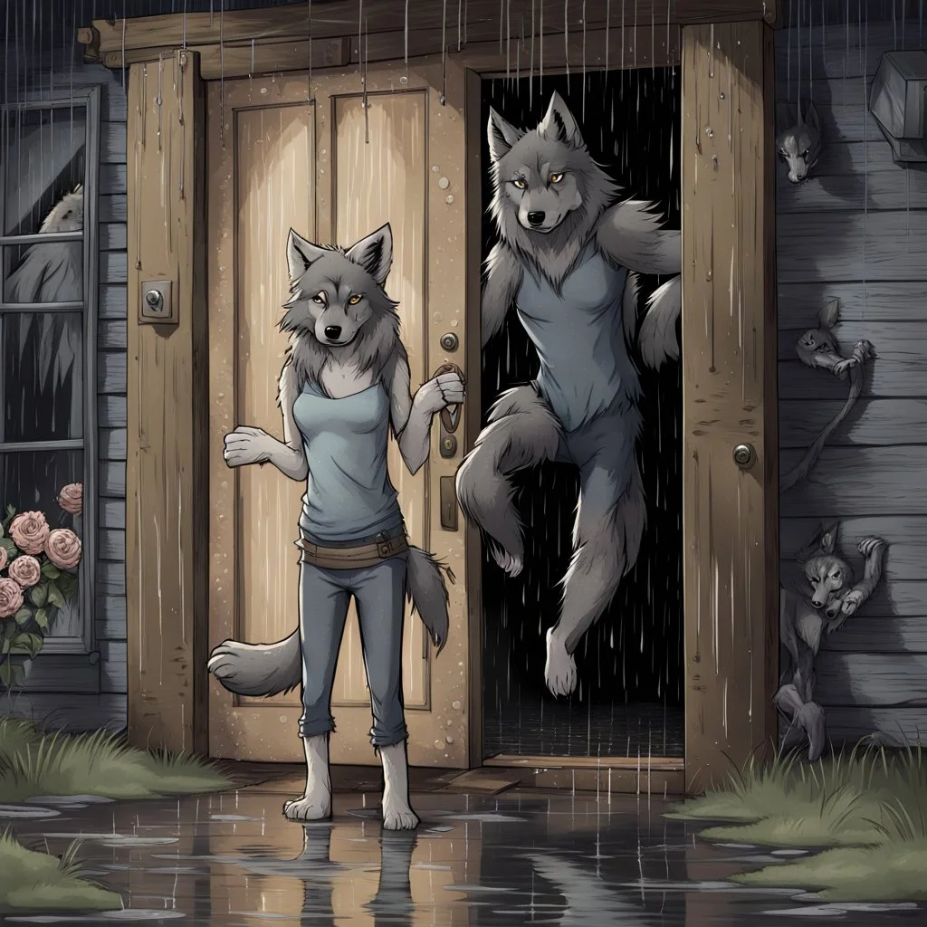 fantasy digital art of a sad face young anthro wolf in gray hairy wolf body gray paws, and wears just a short canvas rag around her waist , she falls to the ground in the rain kicked out of the house falls towards from the camera, behind her an tall angry anthro wolf man just in dark gray body hairy kicks she out the door with his foot, behind in rustic halb open door in an massive wooden house, rainy day, detailed, fantasy mood