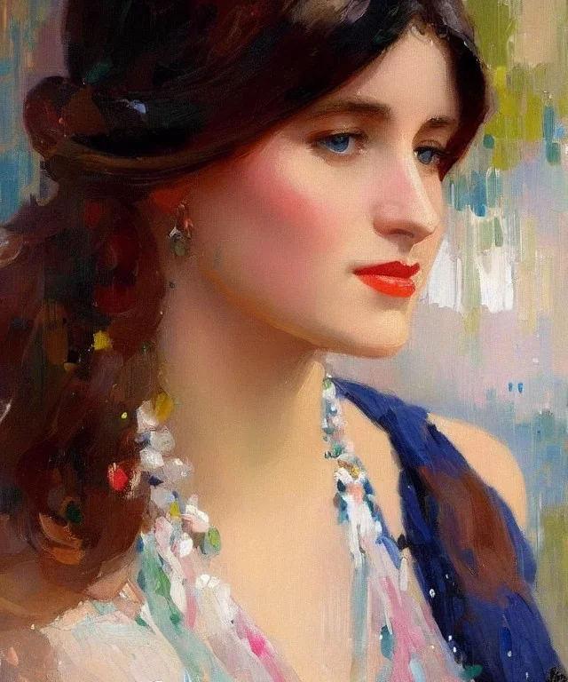 realist impressionist portrait of "The Curious Female" by Eliza Ivanova rework. Masterpiece, best quality, painted impressionist brush strokes. paint drips and drabs and splatters by and by art nouveau and richard schmid . Paint spatters, drips, drabs, dynamic, artstation, artgerm