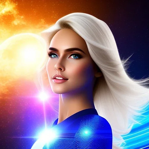 fae,detailed gorgeous face, straight blond long hair, perfect eyes, round pupil ,smiling regard, beutiful light blue full suit, space stars,blue sky,blue light ,crystals , metallic, galactic, contact, futuristic, spaceship, 16k resolution, sunrise light,ligh neon,cinematic lighting smooth,atmospheric, realistic, unreal engine 5, octane render, full head and body