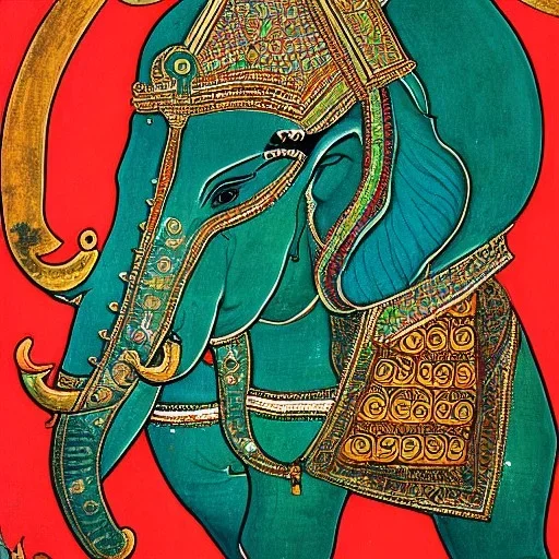 pegan god riding a detailed indian elephant painting